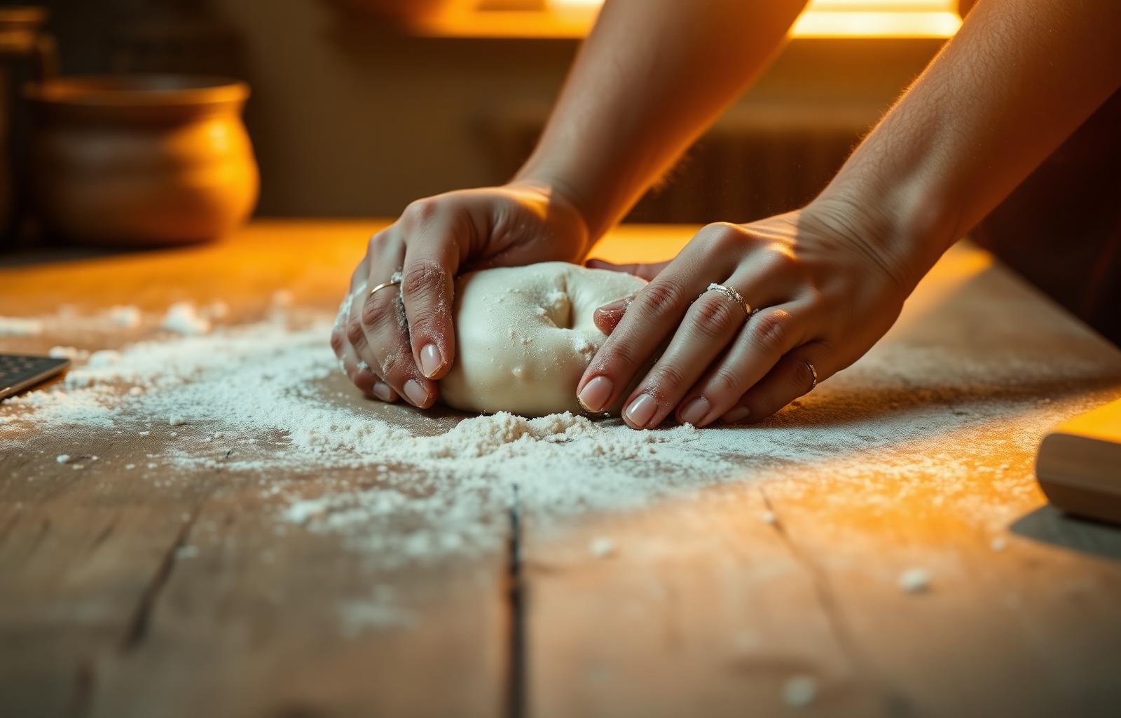 Hands kneading fresh dough on a wooden bakery table